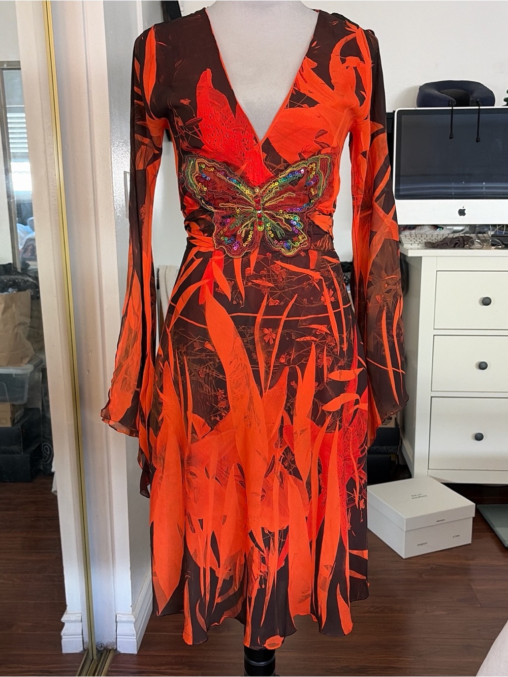 Vibrant Orange Butterfly-Embellished Wrap Dress